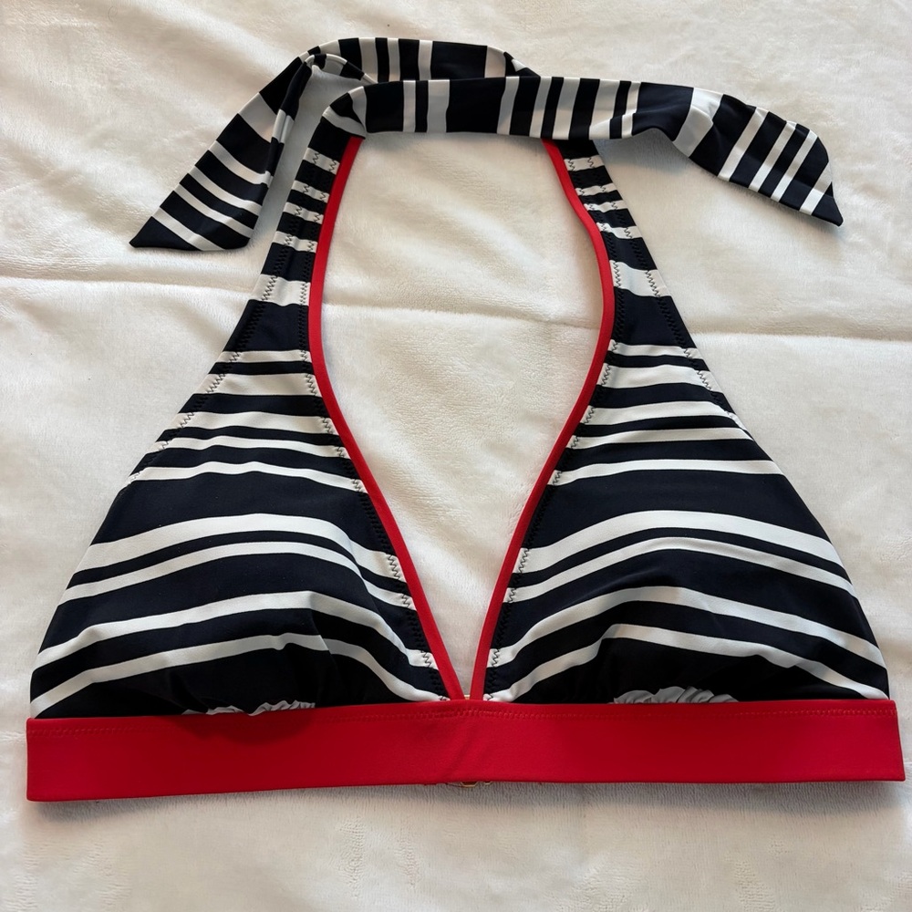 Lands' End Black and White Striped Bikini Top with Red Trim Band Size 10